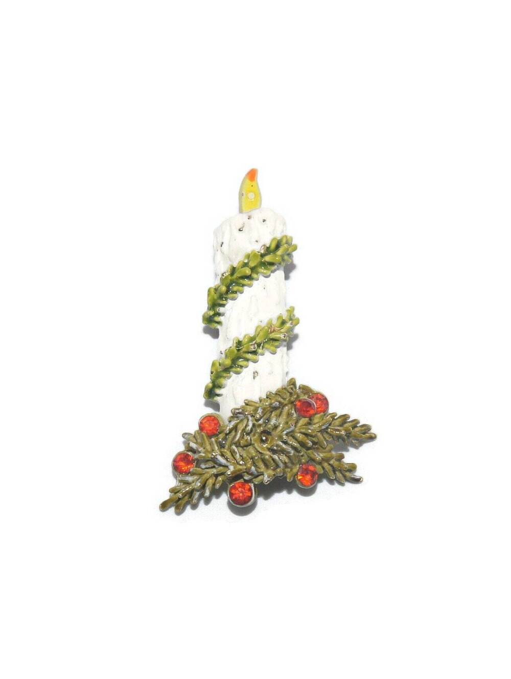 Vintage Gold Tone, White, Green and Yellow Enameled Christmas Candle Brooch.